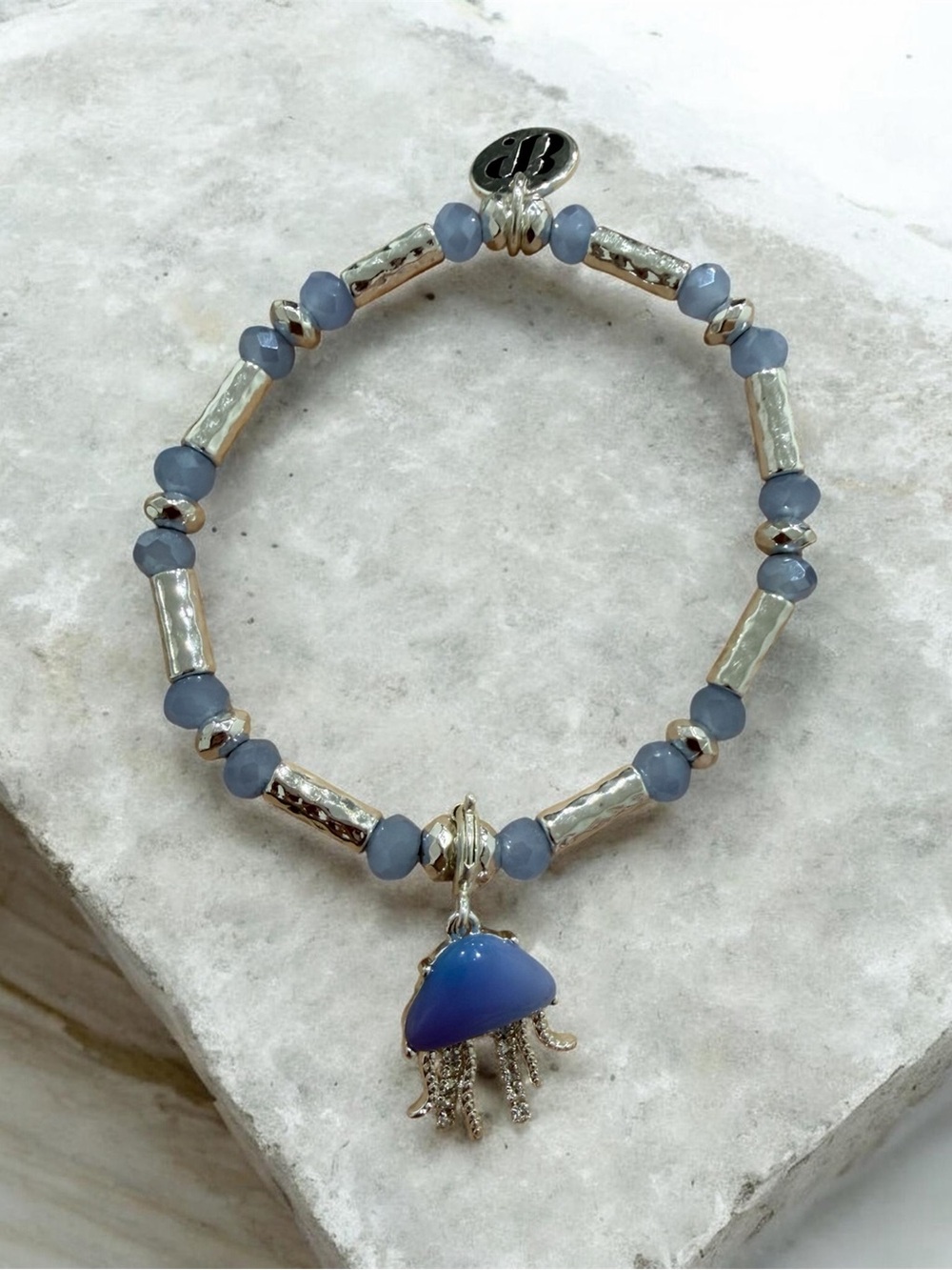 Silver-Tone Blue Bead Jellyfish Charm Stretch Bracelet